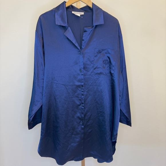 Vintage!! Christian Dior Women's Blue Nightgown L Silky Embroidered Button Front - Picture 1 of 10